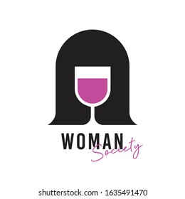 Woman Society Logo design : Negative space shape of woman face & a glass of wine 