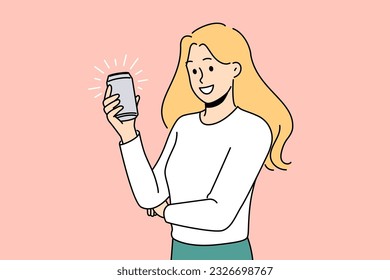 Woman with soda in aluminum can wants to get intimate with cold lemonade or beer drink. Young happy girl with metal can filled with delicious soda smiles offering to quench thirst.