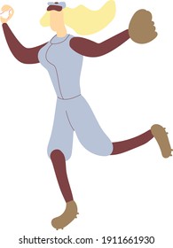 Woman Softball Player. Baseball Girl. Throws The Ball. Sportswoman. Old Style. Vector Illustration.