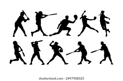 woman softball player silhouette vector set