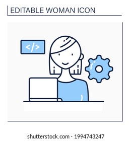 Woman software engineer line icon.Source code. System maintenance and development. Computer programmer. Writing code process. Computer programming concept. Isolated vector illustration.Editable stroke