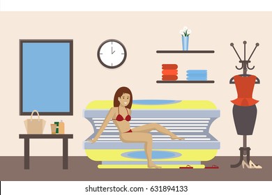 Woman in solarium. Beauty salon and spa treatment. Woman with bronze skin in cabinet.