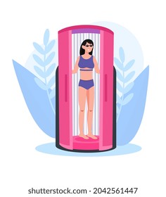 Woman in solarium. Female character standing in tanning booth. Procedure for changing color of skin. Ultraviolet rays. Cartoon contemporary flat vector illustration isolated on white background