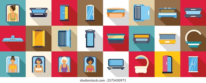  Woman solarium icons set. Solarium equipment and women tanning, using different types of apparatus for sunbathing