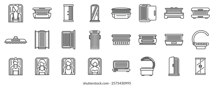  Woman solarium icons set. Set of simple icons of solarium equipment and women using tanning beds, booths and lamps for sunbathing