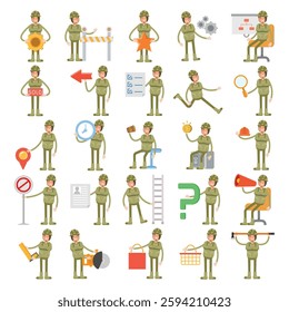 woman soldier characters in different poses illustration set