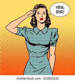 Woman soldier housewife concept of feminism and services. The woman salutes and says Yes sir. Retro style pop art. Relationships in the family and at work