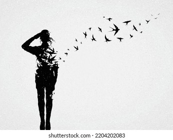 Woman soldier salutes. Death and afterlife. Flying birds silhouette