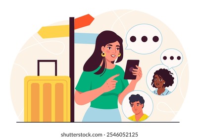 Woman with solo travel. Young girl with smartphone near luggage. Holiday and vacation. Trip and tourism. Tourist chat with friends. Flat vector illustration isolated on white background