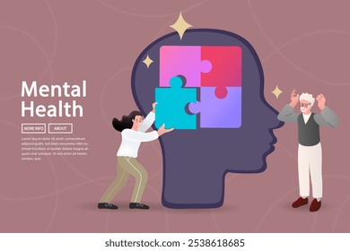 Woman solve mental problems. Correction in thinking. business coach consulting. head silhouette. Specialist doctor work to give psychology therapy. Young woman putting together a jigsaw puzzle. vector