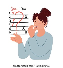 Una mujer resuelve problemas con una lista de verificación, pesando todos los lados positivos y negativos. El carácter femenino se dibuja en un estilo plano con líneas y aislado en fondo blanco.Ilustración vectorial.