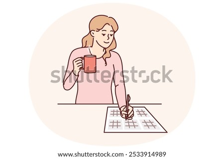 Woman solves sudoku puzzle and drinks hot tea enjoying math brain teasers. Young girl with sudoku puzzles on paper demonstrates high IQ, coping with mathematical examples with ease