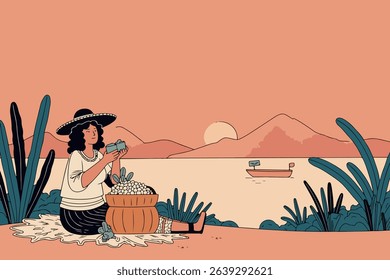 A woman in a sombrero sits by a full basket of harvest near the sea, with a boat and sunset in the background. Serene and peaceful scene.
