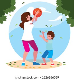 woman and son with background landscape vector illustration design