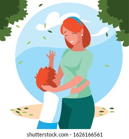 woman and son with background landscape vector illustration design