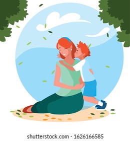 woman and son with background landscape vector illustration design