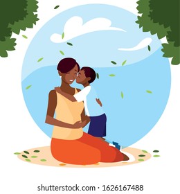 woman and son with background landscape vector illustration design
