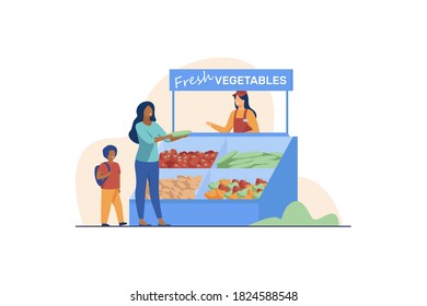 Woman with son choosing fresh vegetables. Farm, eco, market flat vector illustration. Shopping and organic food concept for banner, website design or landing web page