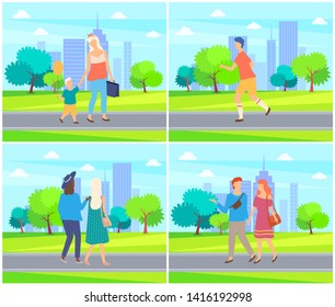 Woman with son enjoying weekends in park vector, people walking and talking man and lady holding hands. Young person running, jogging character set