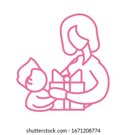woman and son with gift box, line style icon vector illustration design