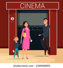 Woman with son going to cinema flat vector illustration. Worker cartoon character checking tickets. Seats, screen in empty cinema hall. Mother and son having fun after workday. Family watching film svg