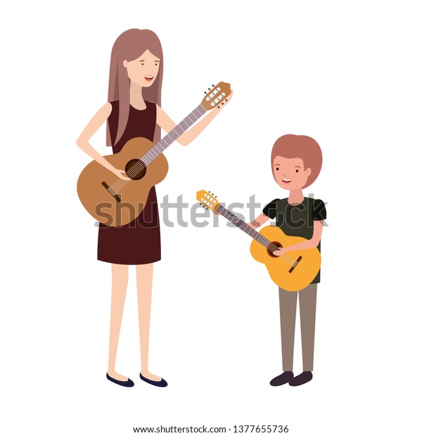 息子とギターのアバターキャラクターを持つ女性 のベクター画像素材 ロイヤリティフリー