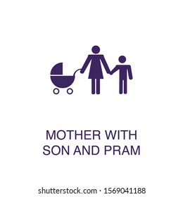 Woman with son and pram element in flat simple style on white background. Woman with son and pram icon, with text name concept template
