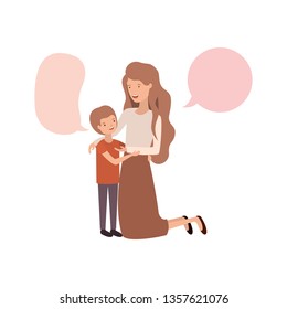 woman with son and speech bubble avatar character