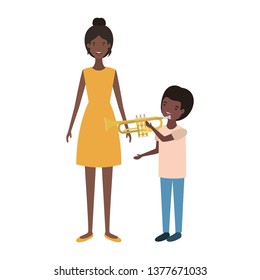 woman with son and trumpet avatar character