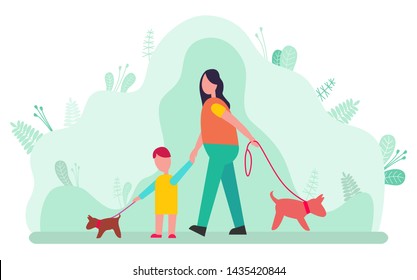 Woman and son walking with dogs on collars isolated on blurred green background of leaves and plants. Vector mother and boy hold pet on lead cartoon style