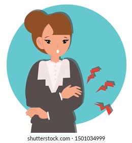 Woman sore arm concept. Cartoon character. Flat vector illustration for web page. 