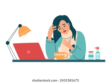 Woman with a sore throat and cold or flu symptoms works on a laptop. Unwell female worker feels sick with virus. Girl at her workplace takes medicine for fever. Isolated vector illustration