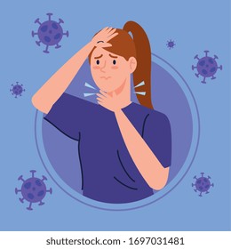 woman with sore throat sick of coronavirus 2019 ncov vector illustration design