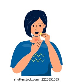 Woman with sore throat taking lemon flavored medical lozenges for cough and mouth pain relief. Health care concept. Vector 