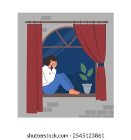 Mujer en tristeza en la ventana. Niña se sienta junto a la ventana y llora. Soledad, frustración y depresión. Sentimientos y emociones negativas. Ilustración vectorial plana aislada sobre fondo blanco