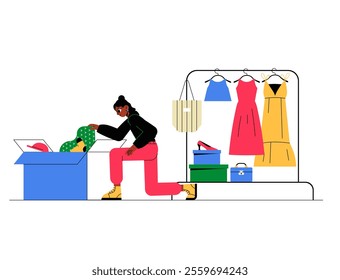 Woman Sorting Clothes In Flat Vector Illustration Symbolizing Wardrobe Organization And Decluttering, Isolated On White Background