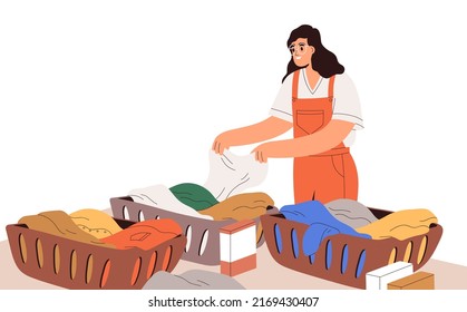 Woman sorting dirty clothes, linen in baskets for laundry, washing. Housewife and housework. Happy housekeeper and household work, chores. Flat vector illustration isolated on white background