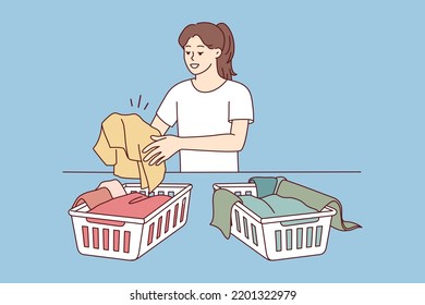 Woman sorting dirty clothes for washing. Girl gathering laundry in baskets in laundromat. Housework and housekeeping. Vector illustration. 