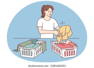 Woman sorting dirty clothes for washing. Girl gathering laundry in baskets in laundromat. Housework and housekeeping. Vector illustration.