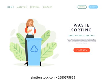 Woman sorting the garbage. Happy character care about the environment and put rubbish in trash bin, dumpster or container for recycling. Zero waste concept website or web page template, banner design