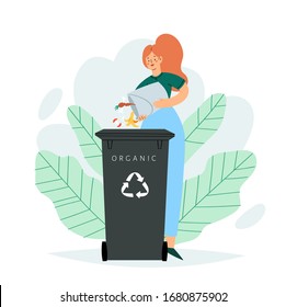 Woman sorting the garbage. Happy girl character care about the environment and put organic rubbish in trash bin, dumpster or container for recycling and reuse. Zero waste concept vector illustration