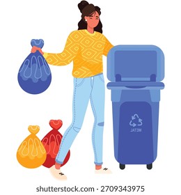 Woman sorting garbage for recycle vector icon