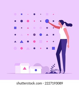 Woman sorting geometric figures. Concept of unstructured data processing, organization of digital information, database structure, cluster analysis, flat vector illustration