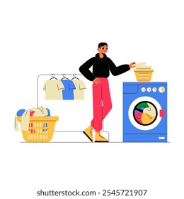 Woman Sorting Laundry Near Washing Machine In Flat Vector Illustration Symbolizing Laundry Care And Cleaning Services, Isolated On White Background