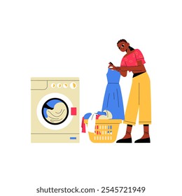 Woman Sorting Laundry Next To Washing Machine And Basket In Flat Vector Illustration Symbolizing Laundry Routine And Housekeeping, Isolated On White Background