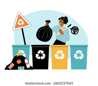 Woman sorting waste into recycling bins with a garbage bag and shovel. Various colored bins indicate different materials. Concept of environmental awareness and waste management. Vector illustration