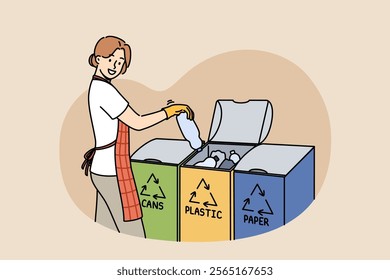 Woman sorts garbage using three various bins for different types of waste, saving planet. Girl sorts garbage wanting to avoid environmental disaster and global warming caused by lack of recycling.