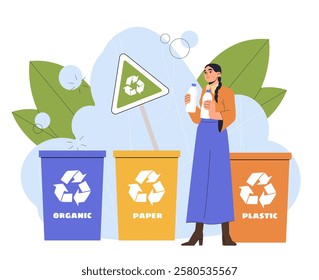 Woman sorts garbage. Young girl near trashcans with organic, paper and plastic trash. Recycling and reuse. Zero waste sustainable lifestyle. Caring for nature and environment. Flat vector illustration