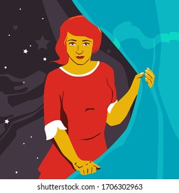 A Woman In A Soviet Style Poster Vintage Style. Vector Propaganda Poster. Vector Template.