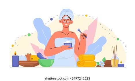 Woman with spa. Girl in towels applies cream to face. Skin care procedures and beauty treatment. Cleanliness and hygiene. Woman struggling with wrinkles and acne. Flat vector illustration